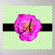 Hot pink rose monogram green polka dots poster