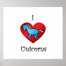 I heart unicorns in blue posters