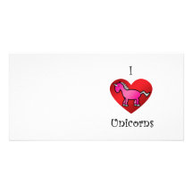 I heart unicorns in pink and silver photo card