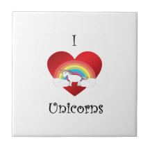 I heart unicorns on heart rainbow and clouds tile