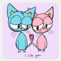 i like you - blue and pink kitties stickers
