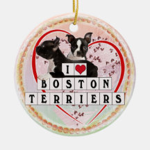 I LOVE HEART BOSTON TERRIERS CHRISTMAS ORNAMENT