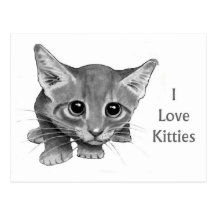 I Love Kitties: Cute Pencil Drawing: Big-Eyed Cat Post Card