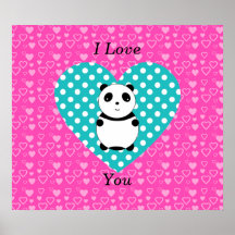 I love you panda pink hearts posters