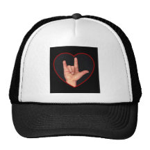 I LOVE YOU SIGN LANGUAGE ON BLACK TRUCKER HATS