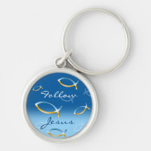 Ichthus Pattern on Blue Background Key Chain