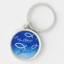 Ichthus Pattern on Blue Background Key Chain