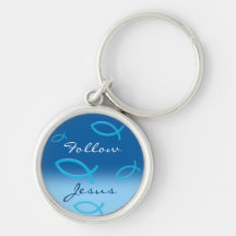 Ichthus Pattern on Blue Background Keychains