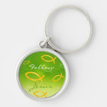 Ichthus Pattern on Green Background Keychains