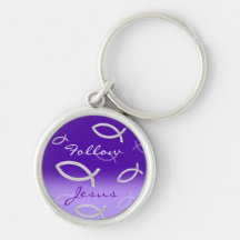 Ichthus Pattern on Violet Background Keychain
