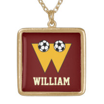 Initial W Monogram in Soccer Gold Personalized Necklace