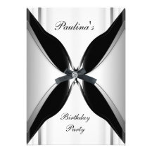 Invitation Elegant Birthday Black White Silver Bow