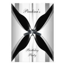 Invitation Elegant Birthday Black White Silver Bow