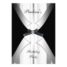 Invitation Elegant Birthday Black White Silver Bow