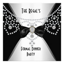 Invitation Formal Dinner Black White Silver Bow