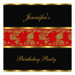 Invite Birthday Party Floral Gold Black Red Asian