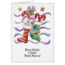 Italian - Christmas Stocking With Rabbit And Gifts Greeting Card