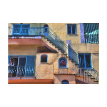 Italian Port, Island of Capri, Blue Windows Stretched Canvas Print