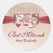 Ivory Pink Damask Bat Mitzvah Label Round Stickers