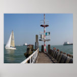 Jetty in Sea with Sailing Boat Ships Photo Poster