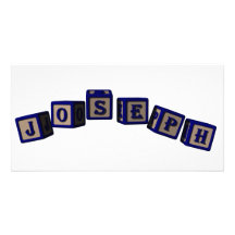 Joseph toy blocks in blue personalized photo card