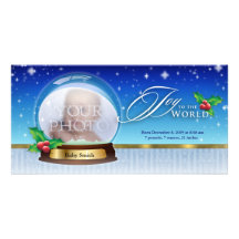 Joy to the World Snow Globe Birth Annoucement Blue Photo Card Template
