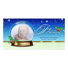 Joy to the World Snow Globe Birth Annoucement Grn Personalized Photo Card
