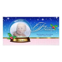 Joy to the World Snow Globe Birth Annoucement Photo Cards