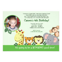 Jungle Zoo Party Green Animal Photo Birthday Card Invitations
