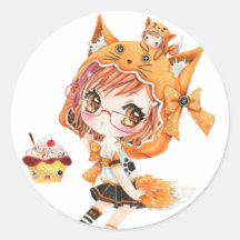Kawaii fox girl round sticker