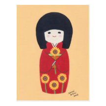 Kokeshi Doll with Sunflower Post Card