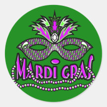 KRW Mardi Gras Mask and Beads Round Stickers