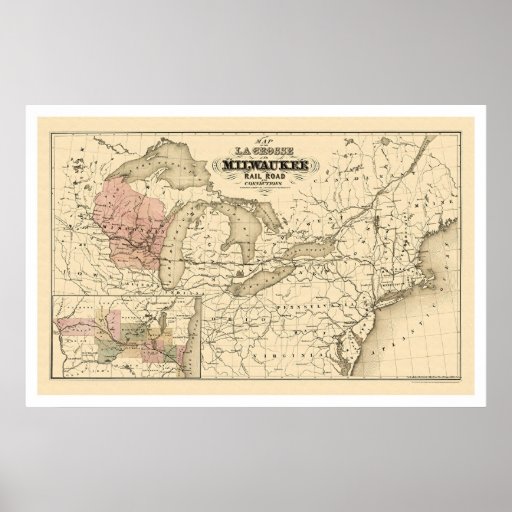 La Crosse & Milwaukee Railroad Map 1855 Poster
