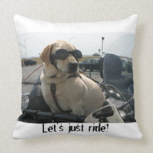 Lab in motorcycle sidecar throw pillow
