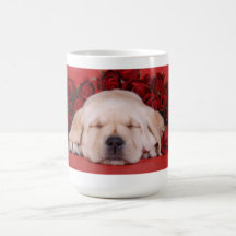 Labrador puppy sleeping in red roses coffee mug