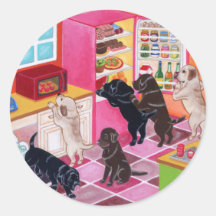 Labradors in the Kitchen Painting Round Stickers