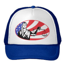 lady blindfolds scales of justice american flag hats