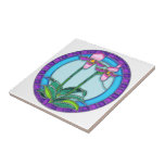 Lady Slipper Orchids Circle Stained Glass Ceramic Tiles