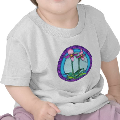 Lady Slipper Orchids in Circular Stained Glass Tshirt