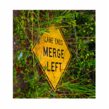 Lane Ends. Merge Left. Bright yellow roadsign Acrylic Cut Out