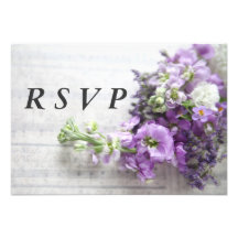 lavender-colored flowers on old music RSVP card