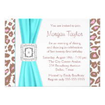 Leopard Pink Brown Teal 21st Birthday Party Invitations