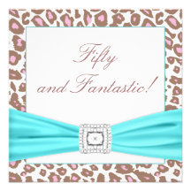 Leopard Pink Brown Teal Womans 50th Birthday Party Invites