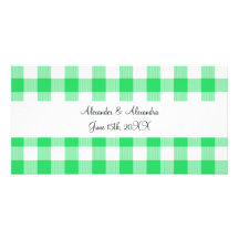 Light green gingham pattern wedding favours customized photo card