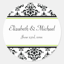 Lime and Black Damask Round Wedding Favour Label Sticker