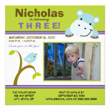 Lime Custom Hippo & Birdie Birthday Party Invite