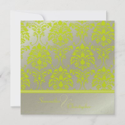 Lime damask on faux silver wedding invitation by custom stationery