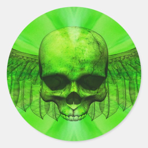 Lime Green Burst Winged Skull Round Stickers