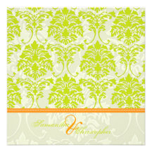 Lime green damask on Ivory Damask/orange accent Custom Announcement