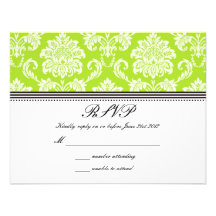Lime Green Damask Wedding RSVP Personalised Invitation
